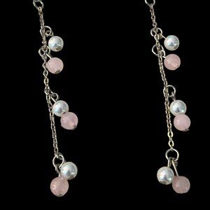 Handmade chain dangle earrings with upcycled rose quartz and glass white pearls